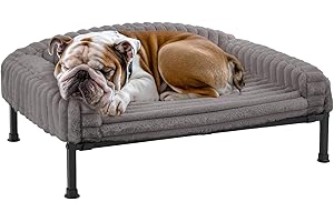 Veehoo Elevated Dog Bed with Bolster Cushion, Fluffy Plush Dog Couch Beds for Small Dogs, Cats, Washable Raised Pet Cot with Non-Slip Feet for Indoor or Patios Use, 36 x 28 Inches, Grey