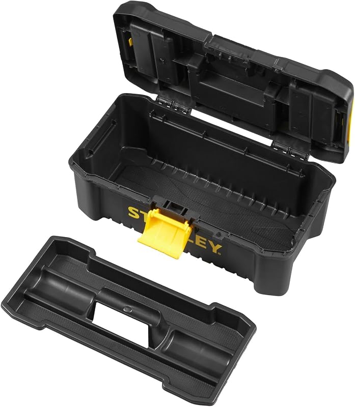 Caja de herramientas de plástico con cierre de plástico, 32 x 18,8 x 13,2 cm, asa ergonómica, organizadores en la tapa, bandeja interior extraíble, orificio para candado, STST1-75514