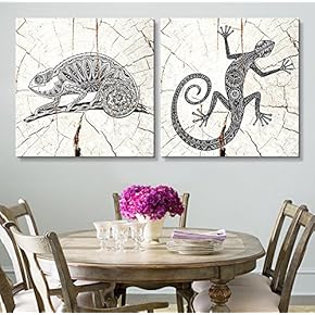 2 Panel Square Canvas Wall Art - Tribal Lizards Wood Effect Canvas - Giclee Print Gallery Wrap Modern Home Art Ready to Hang - 12"x12" x 2 Panels