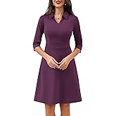 DERAX 3/4 Sleeve Work Dresses for Women V Neck Elegant Business Formal Office Flare Mini Dresses Rose Red M