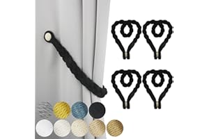 Porlau 4 Pack Black Magnetic Soft Curtain Tiebacks Cotton Hand-Woven Tieback Holdback Home Decorative Tie Backs with Wooden Buckle for Home Office Decor
