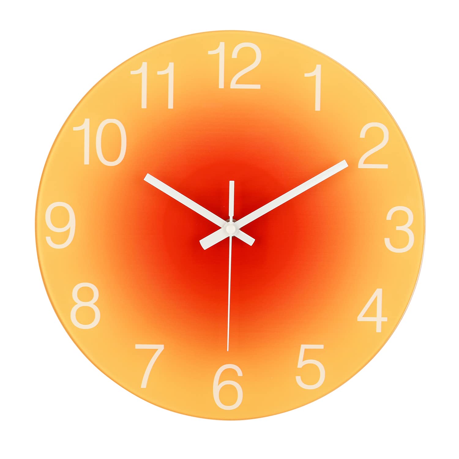 Topkey 12 Inch Silent Glass Wall Clock Easy Readable Big Numbers Non Ticking Round Stylish Gradient Modern Decorative Clock for Home Bedroom Living Room Dining Room Kitchen and Office -Orange