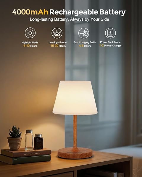 GILEOLANT CORDLESS TOUCH TABLE LAMP, 4000MAH RECHARGEABLE SMALL DESK LAMP WITH 3 COLOR TEMPERATURES & STEPLESS DIMMING, PORTABLE LED BEDSIDE LAMP FOR BEDROOM, LIVING ROOM, PATIO & CAMPING, WOOD GRAIN