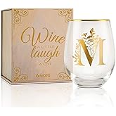 Onebttl Unique Stemless Wine Glasses, Initial Wine Cup for Red or White Wine - 18oz, Monogrammed, Gold - for Women, Girls, Female, Her, Friends, Coworkers, Clients - for Birthday, Christmas
