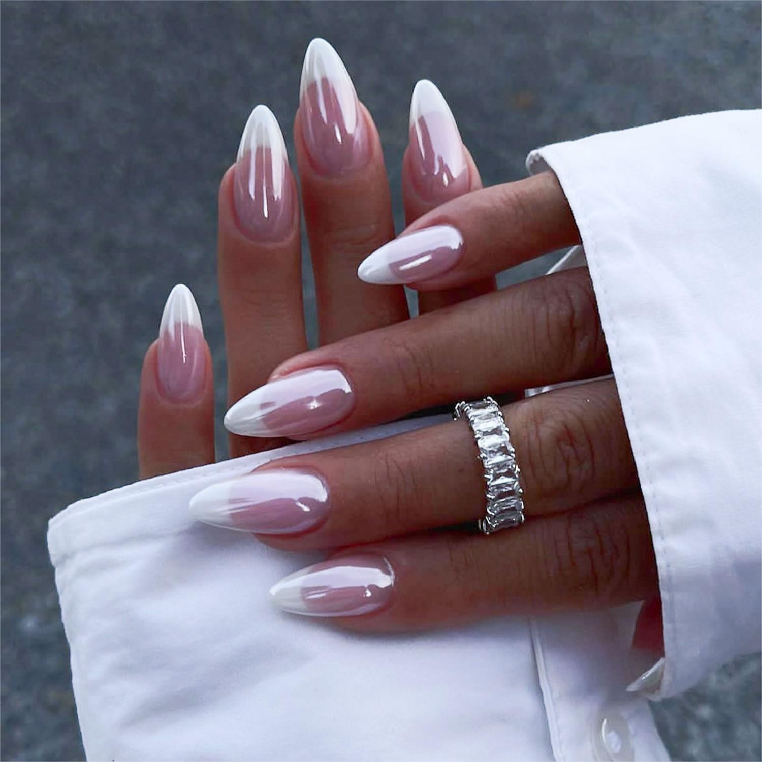 Photo 1 of Press on Nails Medium Length Almond False Nails French Tips Fake Nails Artificial Acrylic Nails Glossy Pink with Designs Stick on Nails Full Cover Reusable Nails Glue on Nails for Women