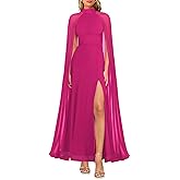 Lrady Women's Summer Wedding Guest Dress Halter Neck Sexy Split Cocktail Party Maxi Long Formal Dresses with Cape