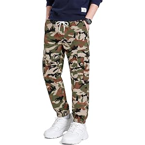 Haloumoning Boys Camo Cargo Pants Elastic Waist Drawstring Joggers | Kids Youth Camouflage Cargo Joggers Streetwear Bottoms S