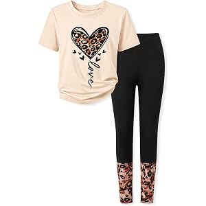 FJLSJSW Girls Clothes 2 Piece Outfit Short Sleeve Top + Casual Pants Girls Spring and Fall Outfits, Sizes 7-14 Years