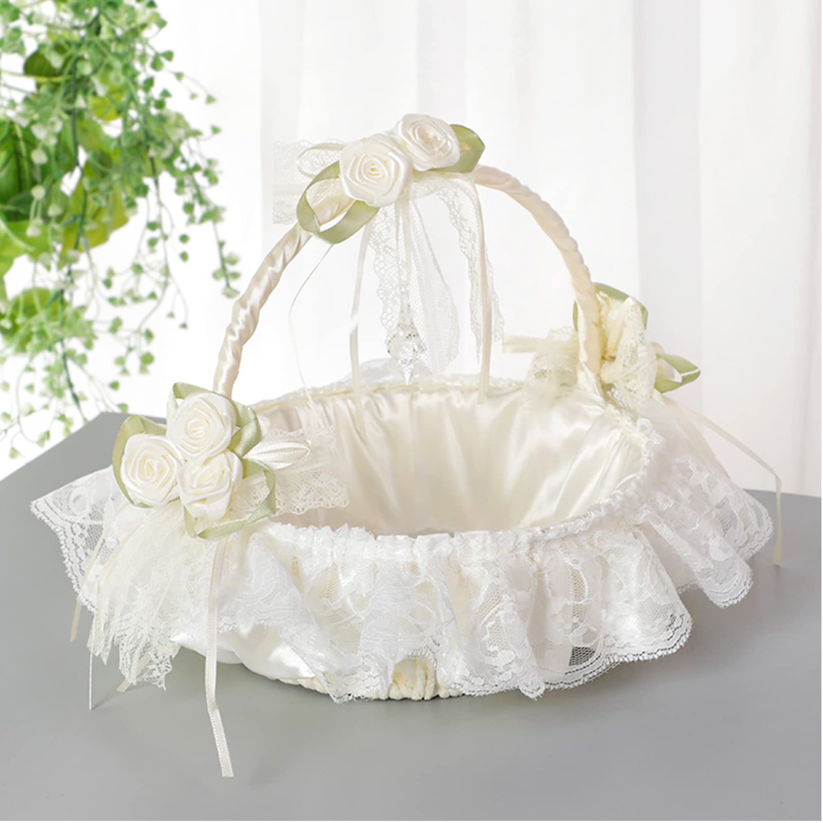 Photo 1 of Lalilali Large Flower Girl Baskets for Weddings, Fairy Lace Bowknot Wedding Flower Basket with Foldable Handle and Rhinestone Lvory Satin Lace Collection, Decoration and Party Supplies, 8.6x9in