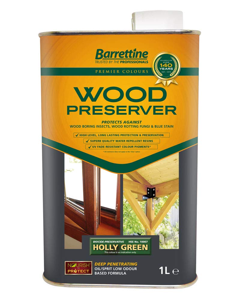 Barrettine Wood Preserver (Holly Green, 1L) - UV Fade Resistant, Durable & Water Repellent Premier Wood Preserver, Deep Penetrating, Low Odour & Oil Based, Suitable for Outdoor & Indoor Use