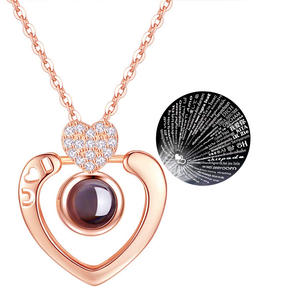 GulCean I Love You Necklace in 100 Languages Projection Pendant Necklace That Says I Love U in Different Ways for Women Mom with Meaning in Gift Box (Rose Gold-2Heart)