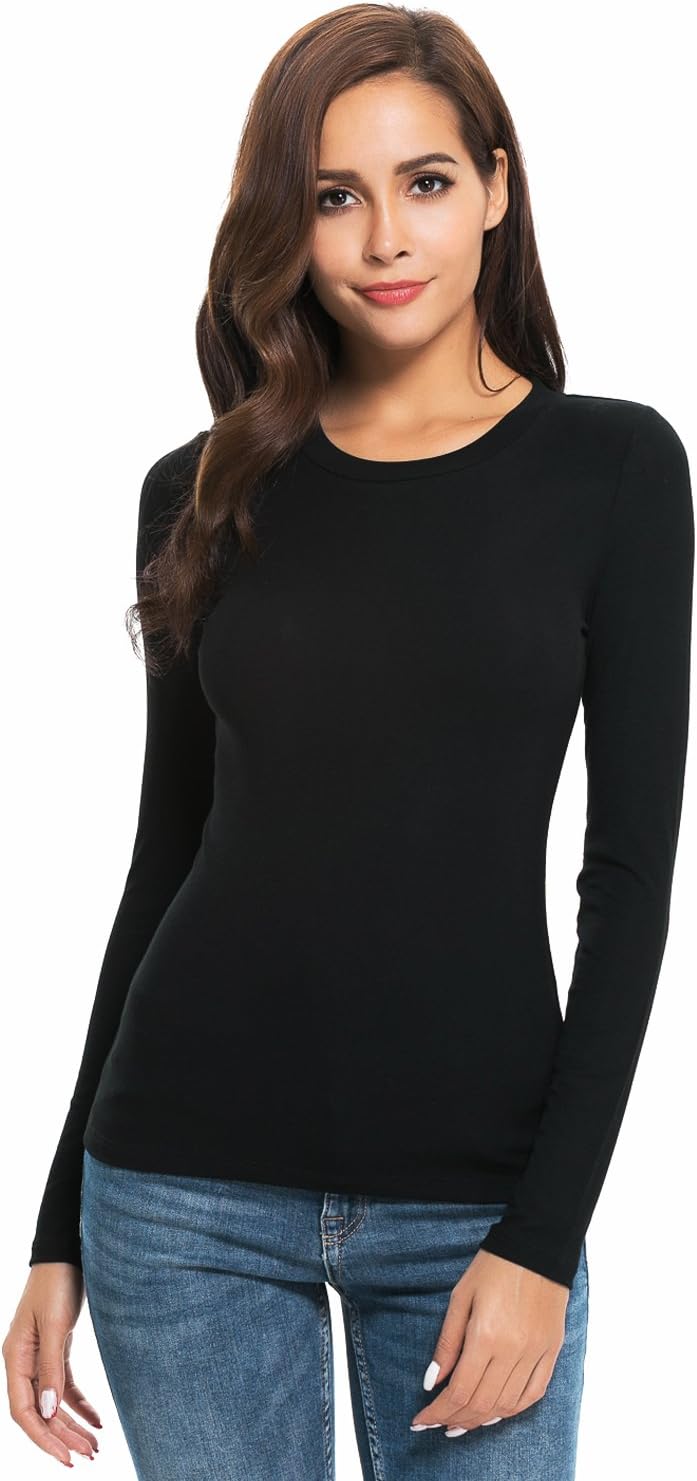 NaspereeWomen Long Sleeve Crew Neck/Scoop V Neck Rayon Slim Fit Stretchy Layer T Shirts Tops