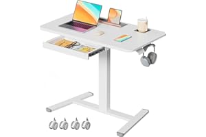 JYLH JOYSEEKER Mobile Standing Desk with Drawer, 35" Small Standing Desk with Cup Holder, Rolling Laptop Desk on Wheels, Height Adjustable Desk with Storage for Home Office, White