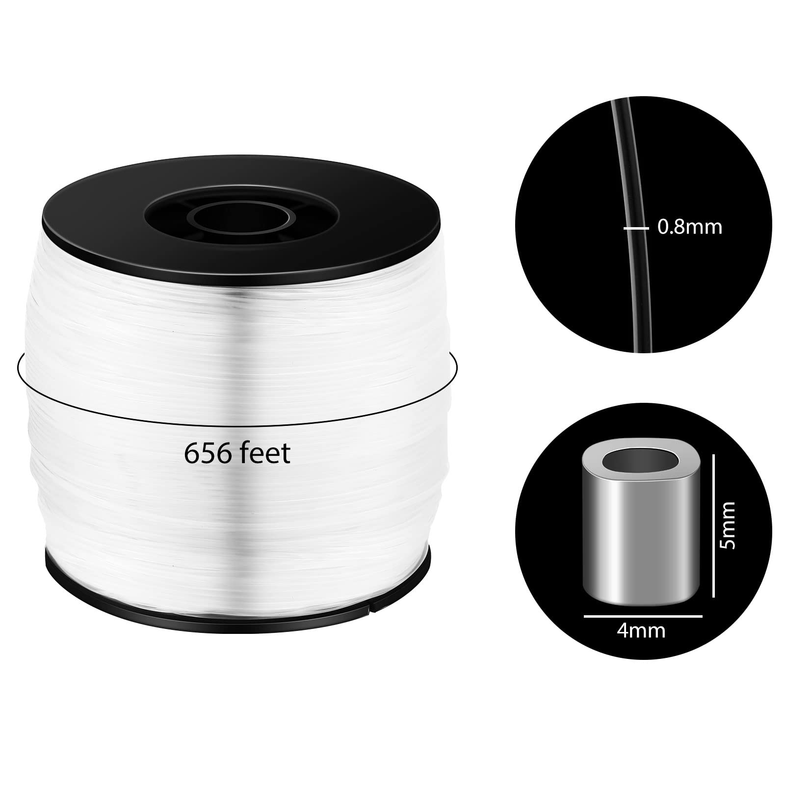 Sumind Strong Clear Picture Hanging Wire Invisible Picture Frame Fishing Wire up to 100 Lbs 656 Feet Monofilament Fishing Line with Aluminum Crimping Loop Sleeves(1 Roll,0.8 mm)