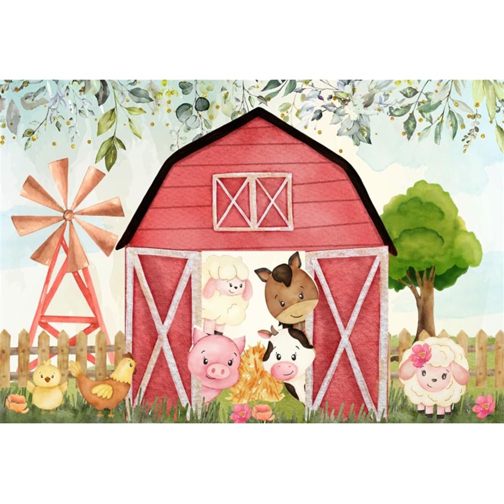 Ttincceer 7x5ft Animal Farm Backdrop Cute Pig Sheep Cow Pink Farmhouse Photography Background Eucalyptus Leaf Tree Cartoon Animal Photography Backdrop for Baby Shower
