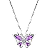 Hipunk Butterfly Birthstone Pendant Necklace - Women 925 Sterling Silver Birth Stone Animal Butterflies Pendant Crystal Birthday Jewelry