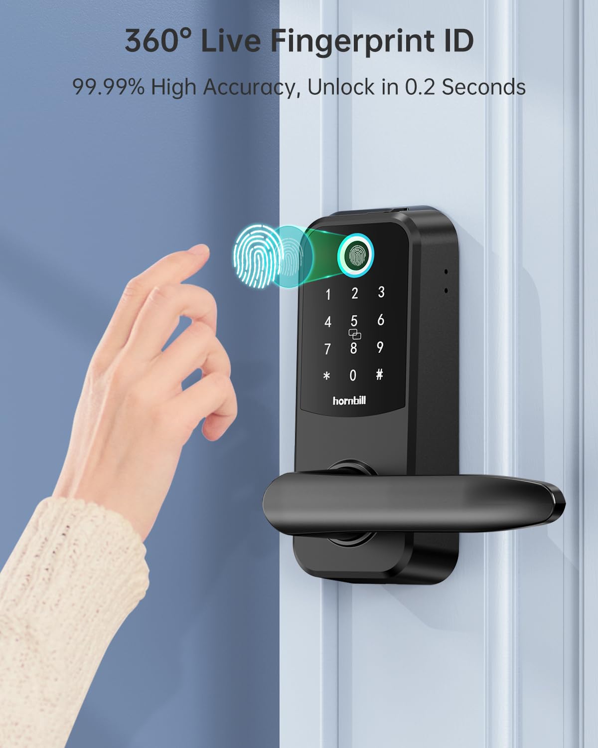 Hornbill Smart Lock Keyless Entry with Handle - Fingerprint Door Locks for Front Door - Keypad Electronic Digital Biometric Bluetooth Passcodes, Works with Alexa, App Control Touch Screen,Auto Lock