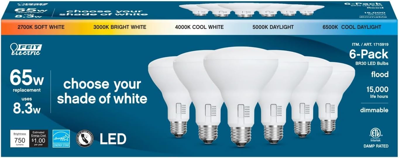 Photo 1 of Feit Electric LED 5-Color Choice - BR30 65W Equivalent - 750 Lumen, 2700K Soft Whit, 3000K Bright White, 4000K Cool White, 5000K Daylight and 6500K Cool Daylight