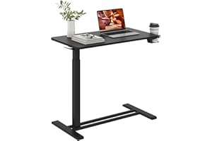 FitStand Medical Overbed Adjustable Bedside Table with Hidden Casters, Mobile Pneumatic Rolling Laptop Standing Desk with Tray for Home & Hospital Use, Black Table Top + Black Edging