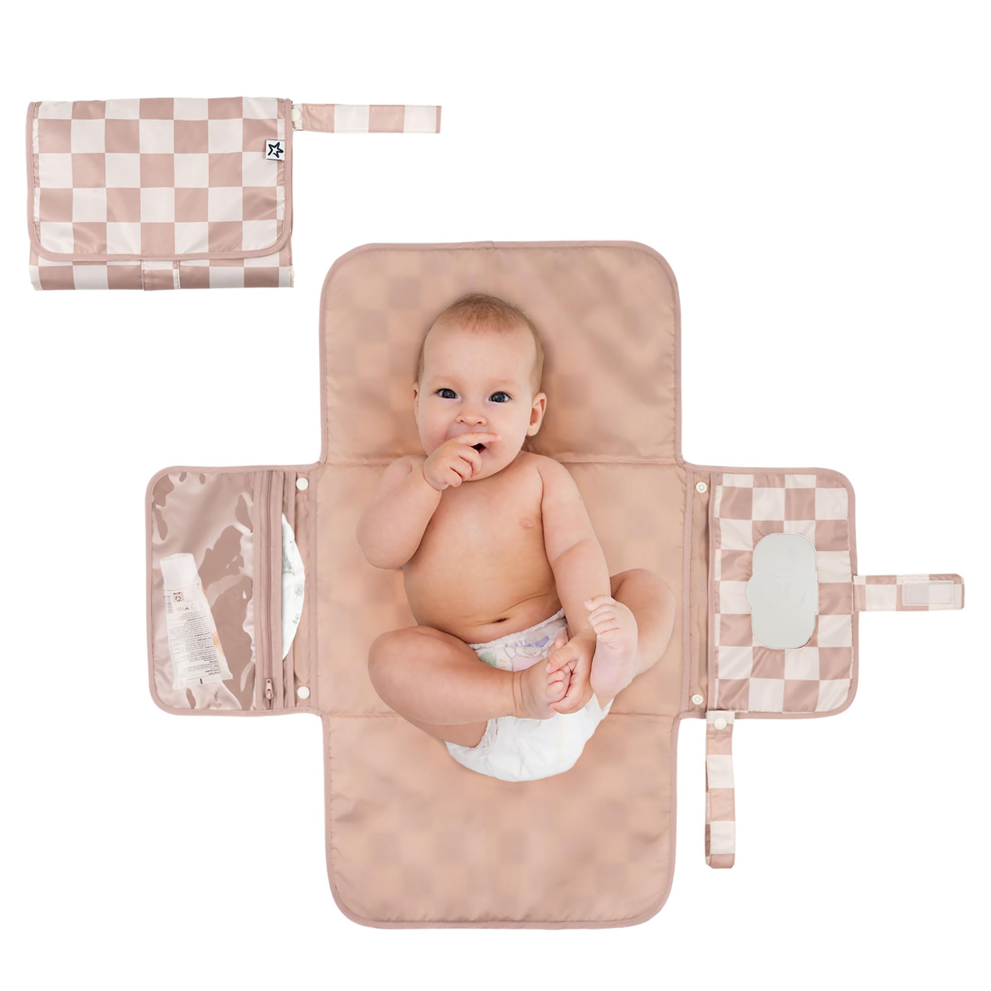 Photo 1 of Tiny Twinkle Portable Diaper Changing Pad – Foldable, Waterproof & Compact Travel Changing Mat with Storage | Smart Wipes Pocket for On-The-Go Parents(Beige Checkers)