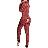 KMBANGI Women's Sexy Deep V Neck Butt Flap Pajamas One Piece Bodycon Rompers Jumpsuit with Drop Seat Plus Size