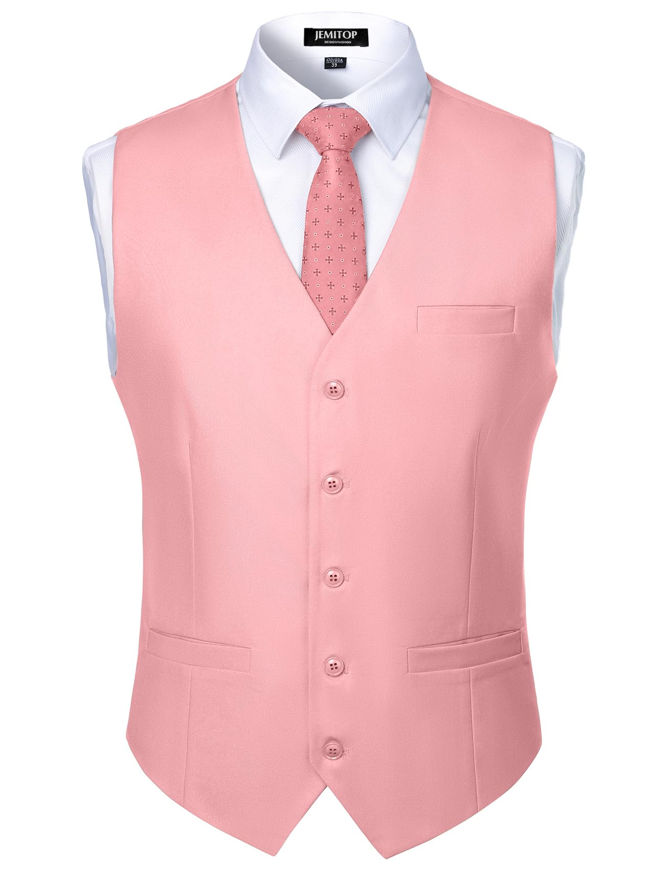 JEMITOP Men's Classic Slim Fit Dress Vest Formal Wedding Prom Business Tuxedo Suit Vest Waistcoat with Pocket Pink S Image
