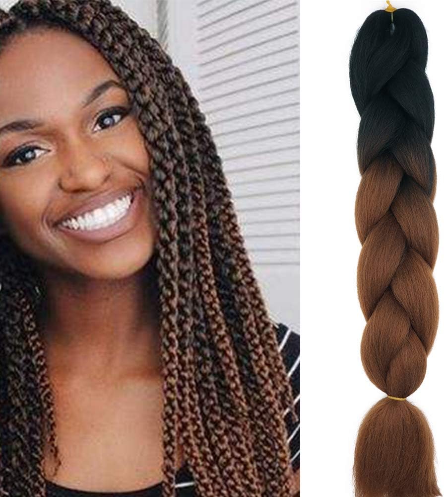 24โ Braiding Hair Extension Jumbo Braids Synthetic Kanekalon Crochet Hair Afro Box Braid Heat Resistent (Black&Dark Brown)