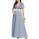 CYCLAMEN Maternity Dress Lace Wrap V-Neck Flowy A-Line Maxi Ruffle Sleeve Chiffon Gown for Baby Shower Wedding Guest