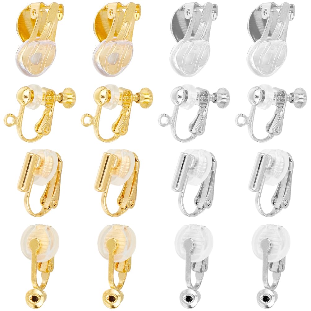SOFPLATE 1 Box 32Pcs 8 Style Gold Earring Converter Silver Earrings Clip Back Brass Non Pierced Real 18k Gold Plated with Pad Flat Round Screw Back Clip on Earring Findings for jewellery Making Suppli