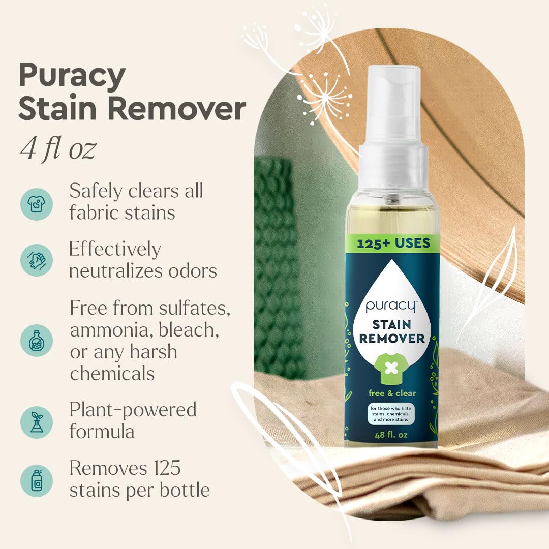 Puracy Stain Remover Spray, Natural Travel and Laundry Stain Cleaner for Clothes, Baby & Kids Stains, Oil & Fabric Spot Cleaner (Unscented, 4 oz)