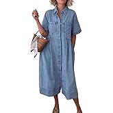chouyatou Women's 2025 Summer Short Sleeve Denim Shirt Dress Midi Long Western Business Casual Jean Dress