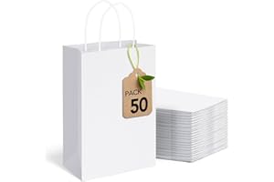 MESHA Gift Paper Bags White 5.25x3.75x8 Inch 50 Pack,Small Shopping Bags with Handles Bulk,Reusable for Business Grocery Birthday Wedding Kids Party Favors(Made in USA)