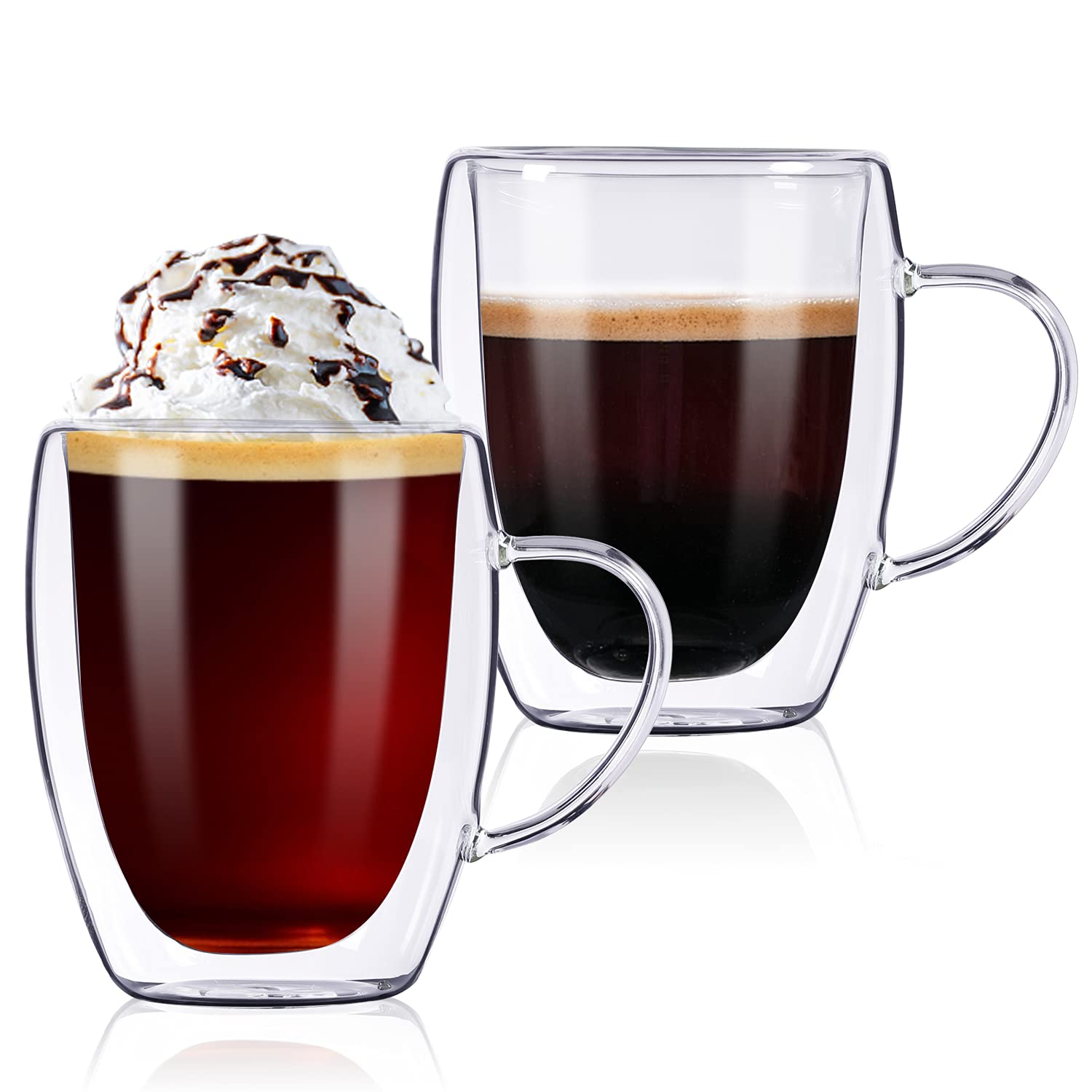 VLikeze Double Walled Coffee Glass Mugs Tea Cups, 350ml Latte Macchiato Glasses Cups with Handle Heat Resistant Drinking Cups for Coffee Tea Juice Ice Cream (Set of 2)