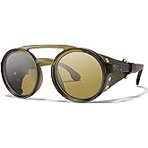 MACJERO Retro Aviator Steampunk Polarized Sunglasses with Leather Side Shield Vintage Goggles Gothic Eyewear for Men Women