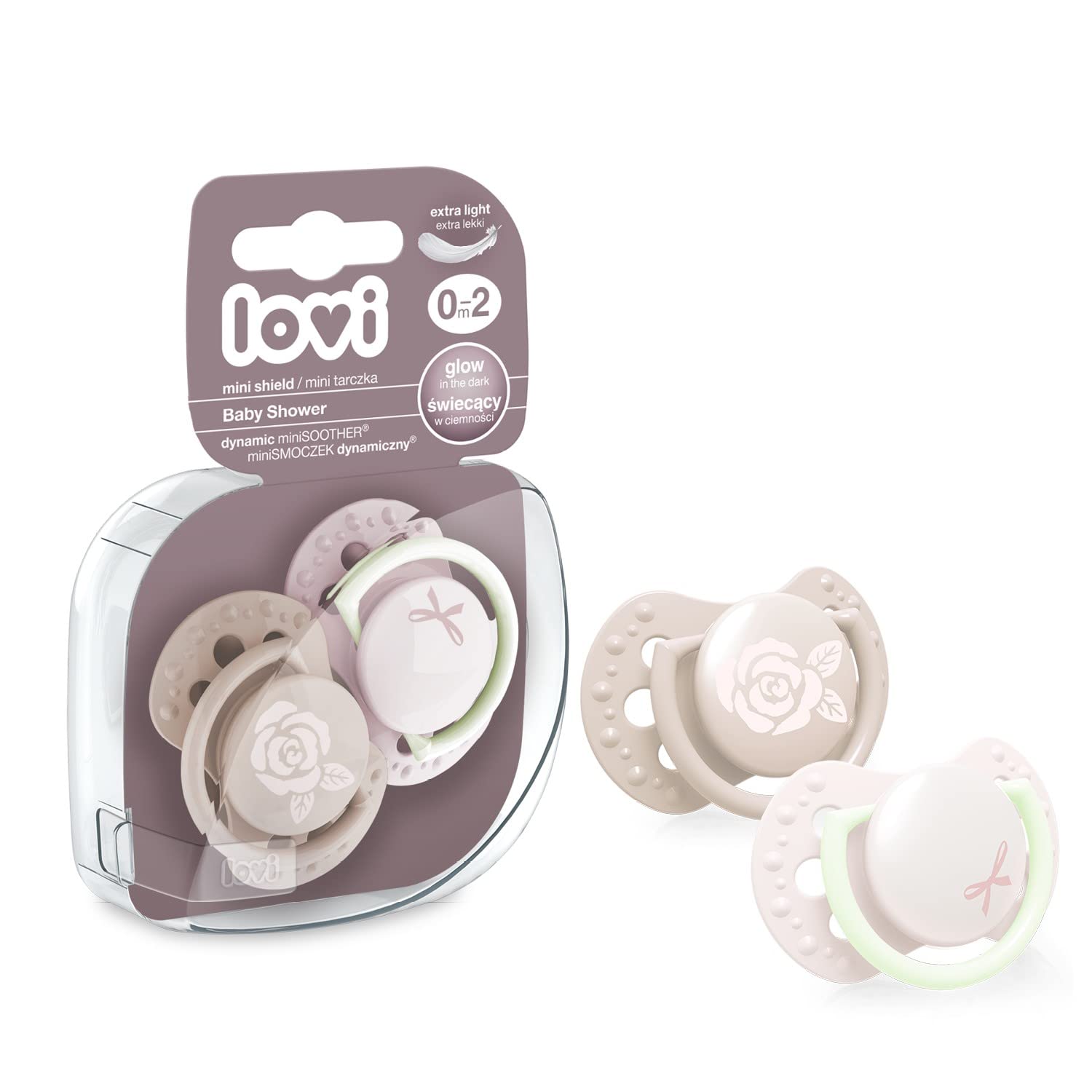 LOVI Soother 0-2 Months, Baby Dummies with Silicone Teat, Dynamic Tip, Baby Shower Girl Collection, 2 Pieces, Rose