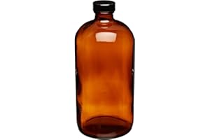 JG Finneran D0161-32 Amber Borosilicate Glass Standard Boston Round Bottle with Black Phenolic Closure, PE Cone Lined, 33-400mm Cap Size, 32oz Capacity (Pack of 12)
