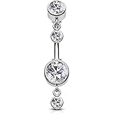 Cocharm 14G Dangle Belly Button Rings - Silver Reverse Navel Rings for Women - Clear CZ Piercing Jewelry - Stainless Steel