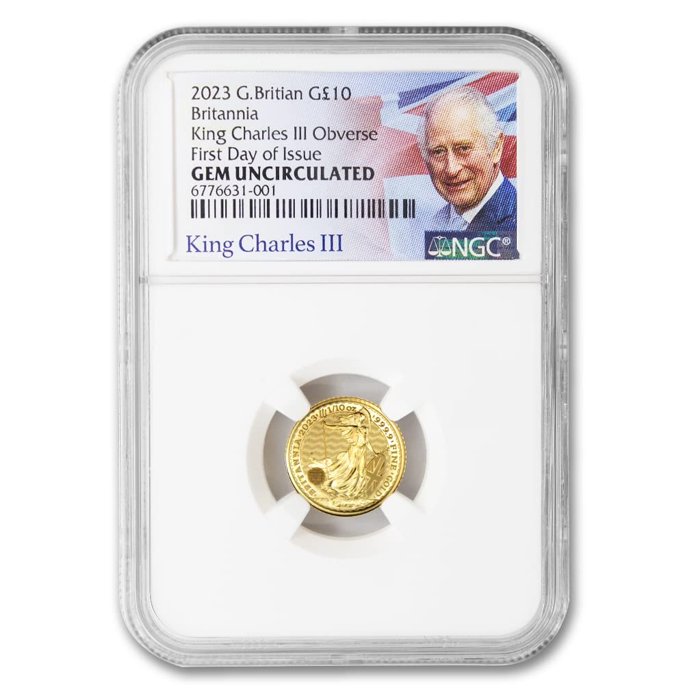 2023 1/10 oz British Gold Britannia Coin (King Charles III) Gem Uncirculated (First Day of Issue) by the Royal Mint 24K 10£ NGC GEMUNC