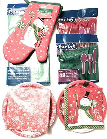 Christmas Dinner Party Tableware Bundle Set for 32 with Plates, Napkins, Utensils, Table Cover &amp; Oven Mitt (174 items)
