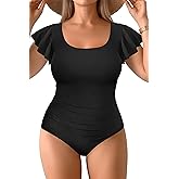 Plus Size One Piece Swimsuit - Women Tummy Control Bathing Suit Ruffle Vintage Swimwear with Sleeves