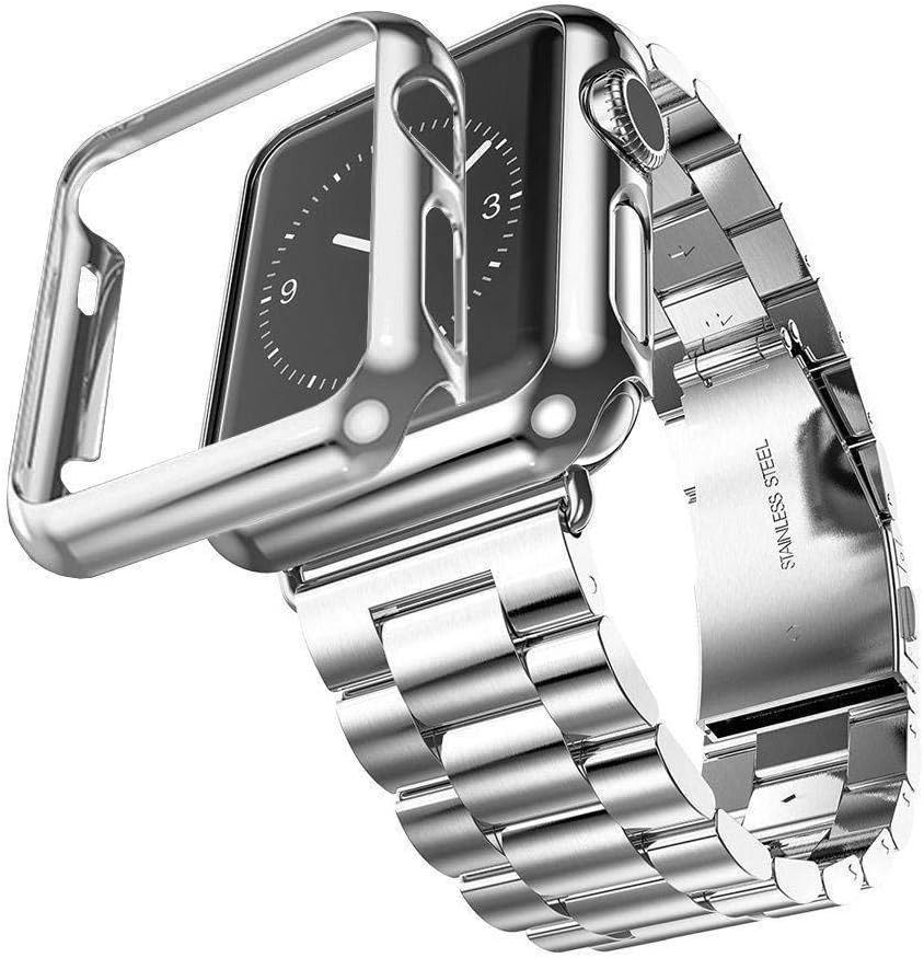 GUIGONG Band for Apple Watch,Solid Stainless Steel Metal Strap Band w/Adapter+Case Cover for Apple Watch iWatch 38/42mm (Silver 42mm)