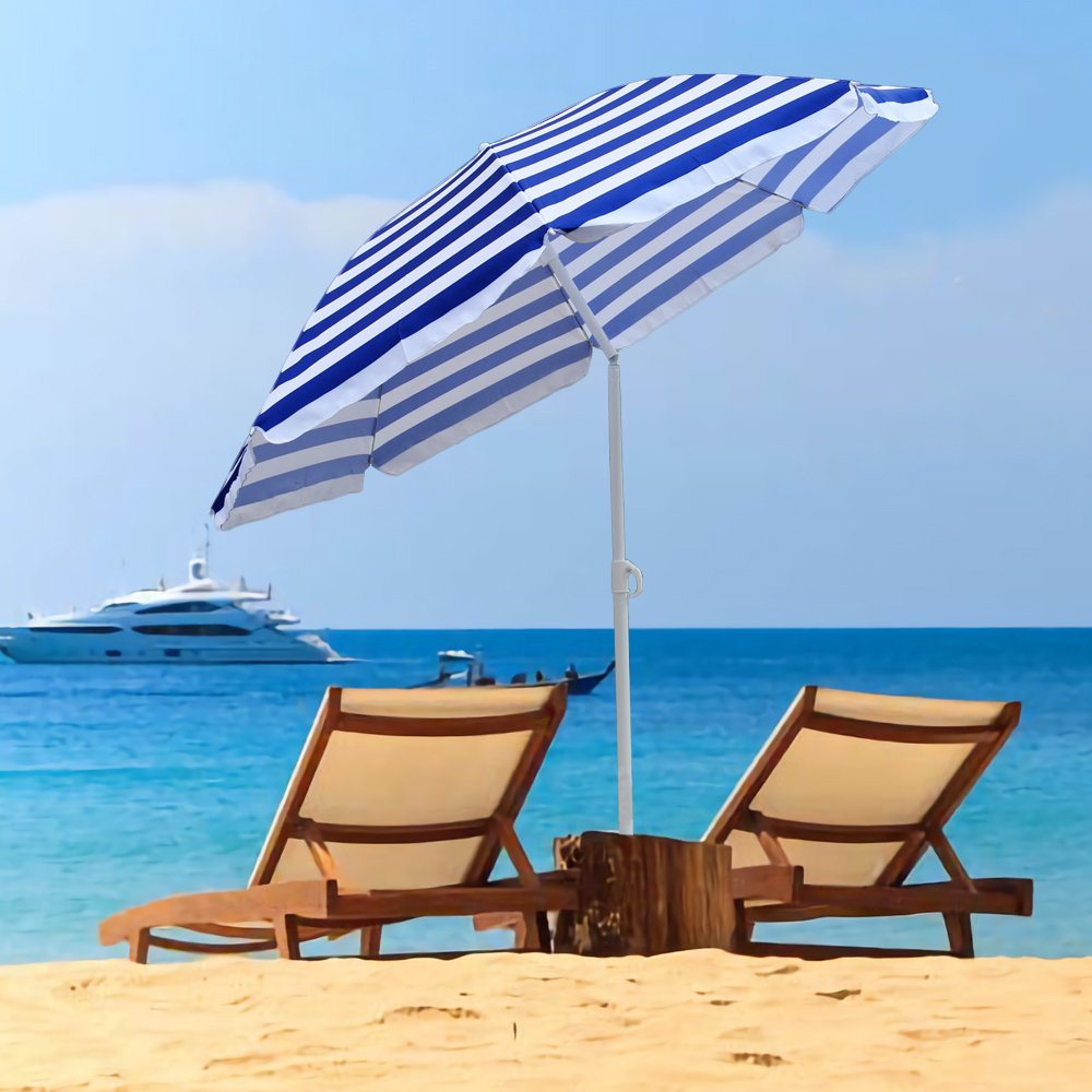 Green Bay 1.8M Blue-White Stripes Beach Parasol Garden Patio Camping Sun Shade UV Protection Umbrella with Tilt Mechanism