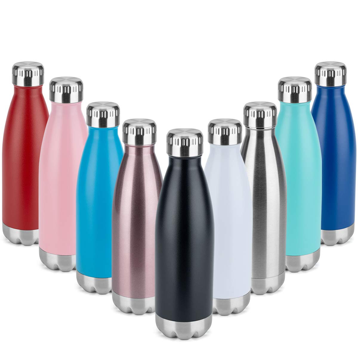 MANYHY 17 oz Stainless Steel Vacuum Insulated Water Bottle Metal Double Wall Cola Shape Travel Thermal Flask For Outdoor Sports Camping Hiking With Cleaning Brush (Stainless Steel, 12 Pack)