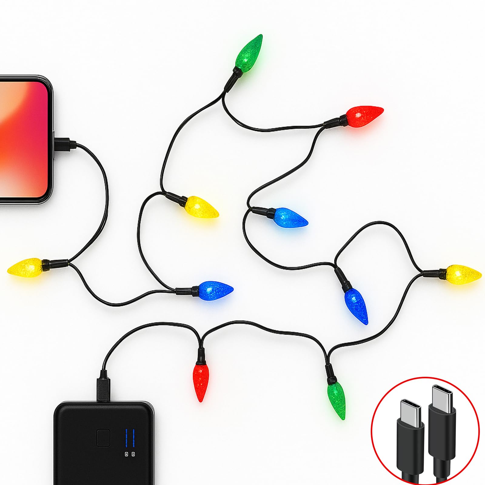 Photo 1 of 2 Pcs Christmas Lights Phone Charging Cable, Xmas 55" Type-C USB-C Charger Cord with 10 LED Bulbs, Festive Charging Cables Compatible with Phone 17/16/15 & Pad Android Samsung Car Holiday Decor