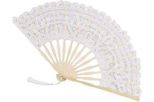 Propupy Folding Hand Fan Womens Lace Fan Elegant Cotton Fan Handmade Vintage Retro Fan with Bamboo Staves and Silk Tassels for Wedding Bridal Shower Dancing Party (White)