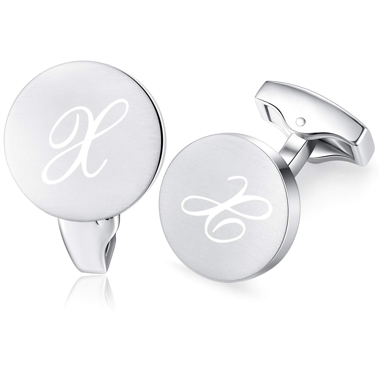 Honey Bear Initial Alphabet Letter Cufflinks for Men, Silver Round Shape Stainless Steel Wedding Business Gifts A - Z (X)