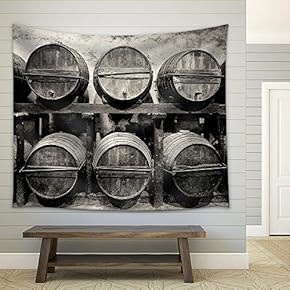 Barrels Stacked in The Winery in Black and White - Fabric Wall Tapestry Home Decor - 51x60 inches
