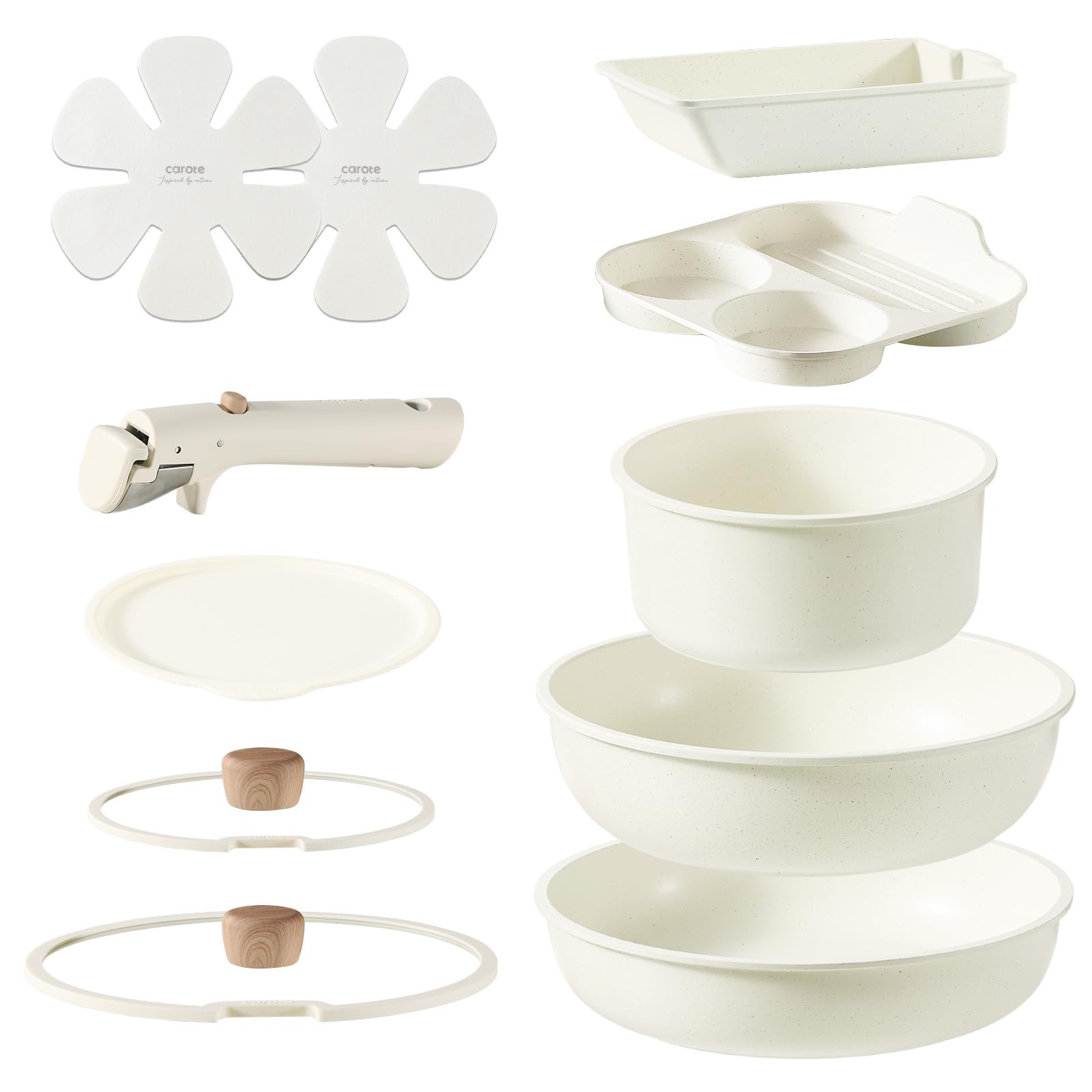 CAROTE カローテ フライパン セット 11点 IH·ガス火対応 PFOAなどの有害物質不使用 5層構造 鍋セット26cmフライパン 炒め鍋 中華鍋 卵焼き 仕切りフライパン 取っ手のとれる マーブルコート こびりつきにくい 手入れ簡単 ベージュ ホワイト Grain グレインシリーズ【365日保証】【新生活応援】【耐摩耗性テスト50万回クリア 】商品画像