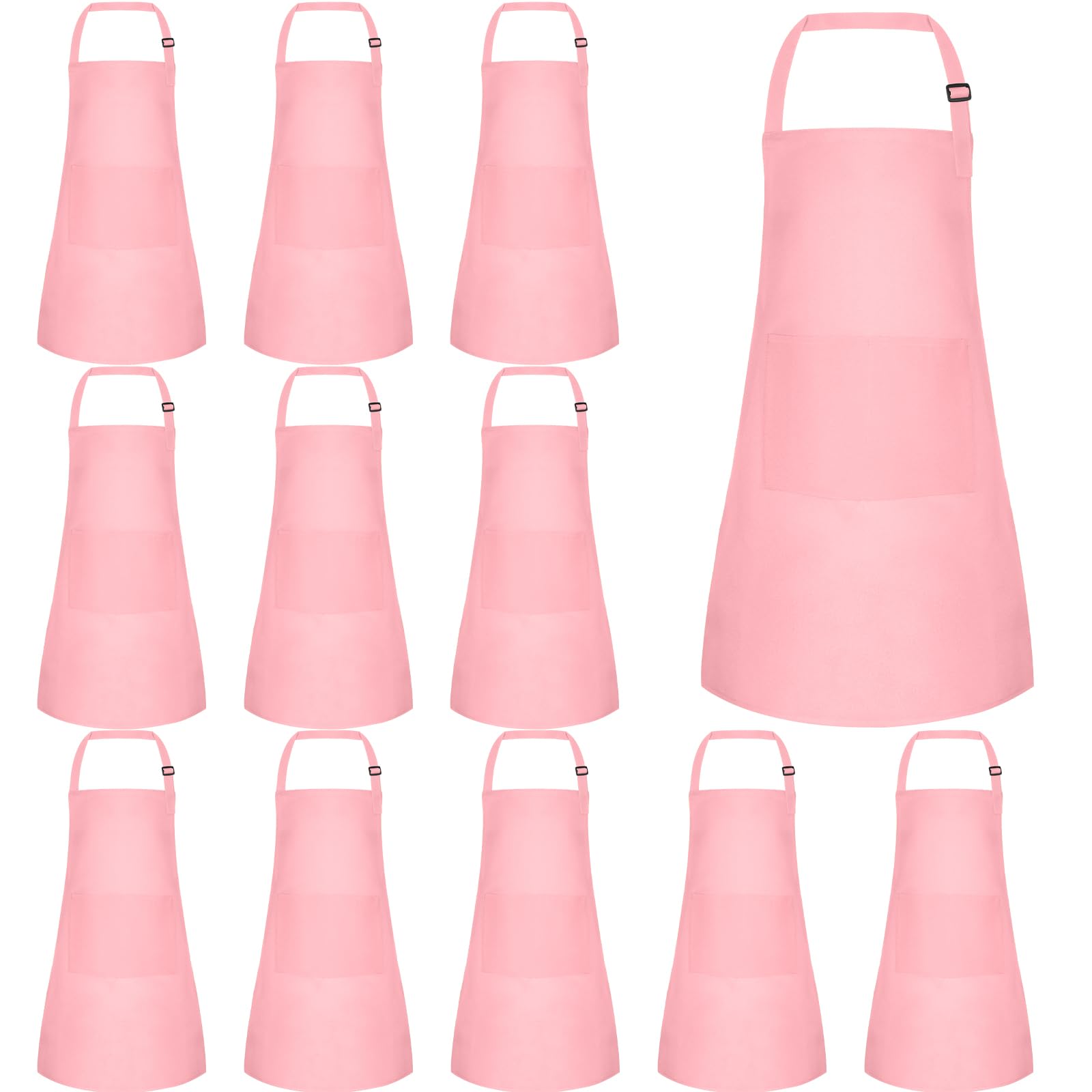 BOUBONI 12 Pack Kids Apron Bulk with 2 Pockets Adjustable Chef Art Apron Kids Painting Aprons for Cooking Baking Painting Crafting Grilling Activity（Pink）