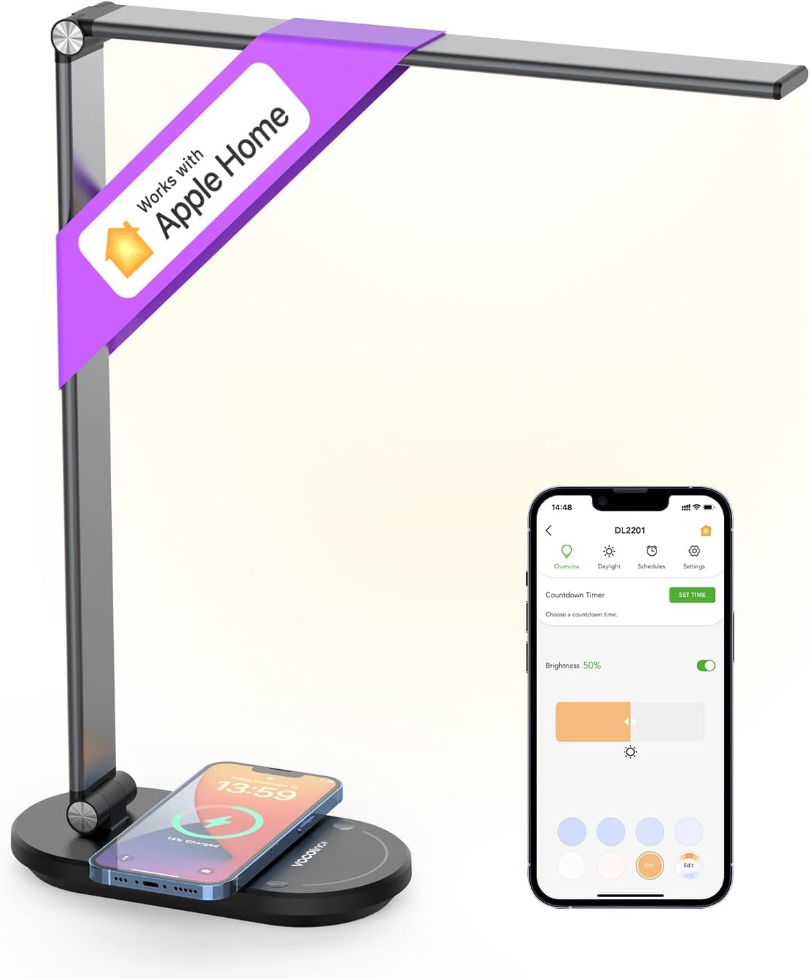 VOCOlinc Smart Desk Lamp with Wireless Charger, Dimmable Eye-Caring Bedside Table Lamps with Timer, Memory Function, Voice/App/Touch Control, Works with Homekit Alexa Google, for Bedroom Reading Study